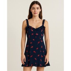 With Jean Size S Bea Dress Navy Anthurium Print Mini Ruffle Hem Ruched Straps